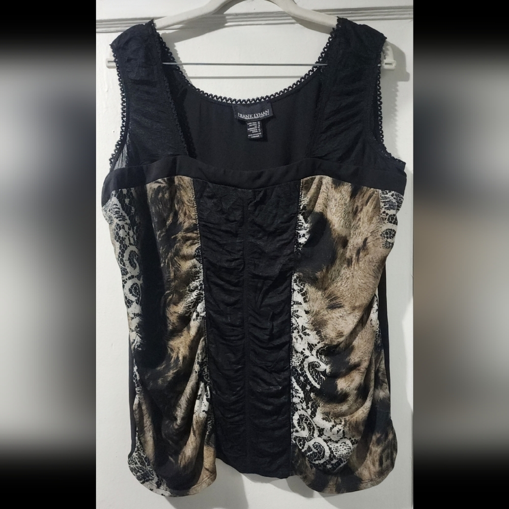 Frank Lyman Design Mixed Media Animal & Lace Print Ruched Tank Top Size:16